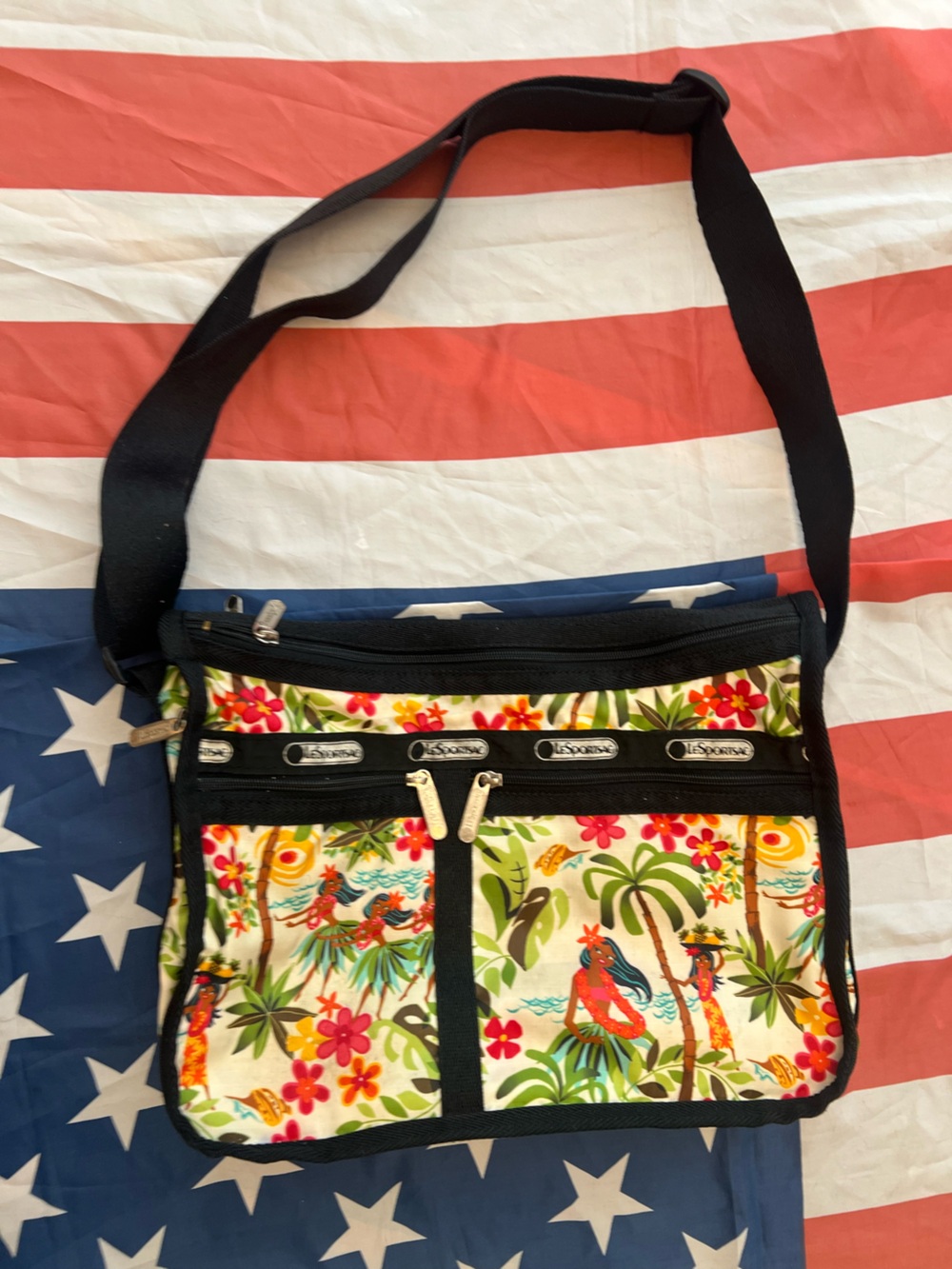 LeSportsac Cream Tropical Print Crossbody with Black Strap